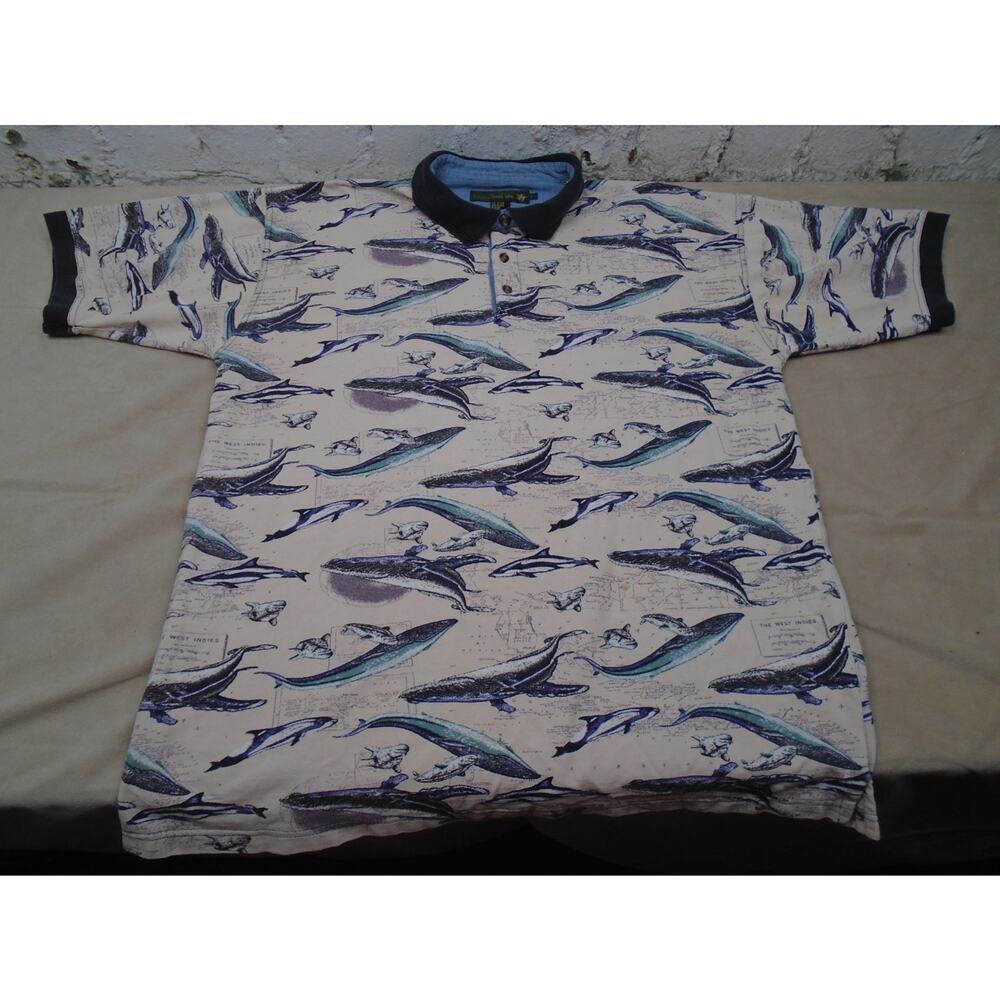 Vintage 90s Knights of Round Table Polo Shirt All Over Print Whales Dophins Sz L